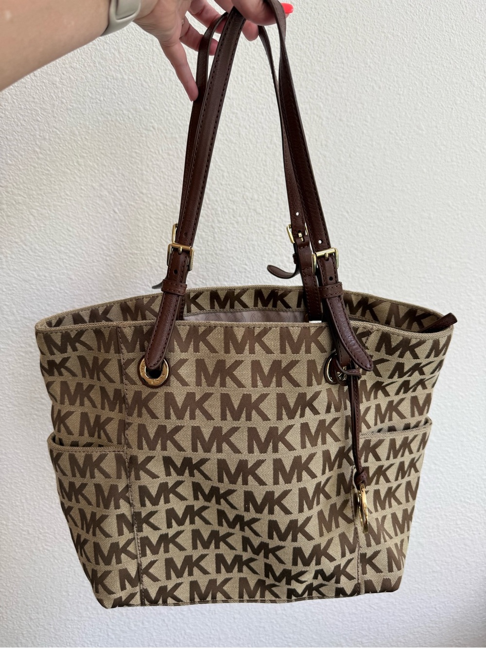 Michael Kors Brown MK Logo Tote with Dark Brown Leather Straps